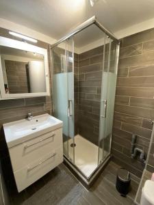 La salle de bains est pourvue d'une douche et d'un lavabo. dans l'établissement L'Ibis Duplex proche plage et commodités, à Saint-Mandrier-sur-Mer