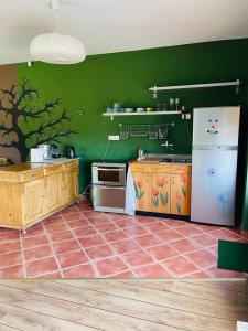 cocina con paredes verdes y nevera blanca en LakePark Candy, en Bekecs