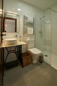 uma casa de banho com um lavatório, um WC e um chuveiro em Casona Alcarria em Pastrana