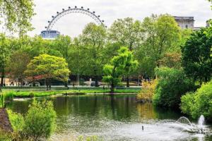 a pond in a park with a ferris wheel in the background at Secluded Royal Ground Residence Sleeps 4 in London