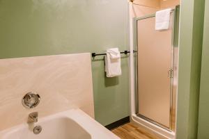 uma casa de banho com um chuveiro e um lavatório branco em Maverick Hotel Eugene Near University, Ascend Hotel Collection em Eugene