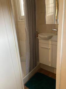 a bathroom with a shower curtain and a sink at Une chambre chez nous, à 12 minutes de Paris in Malakoff