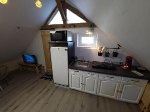 uma cozinha com um lavatório e um micro-ondas no sótão em AU BAIN Normand : bain nordique et détente. em Goderville