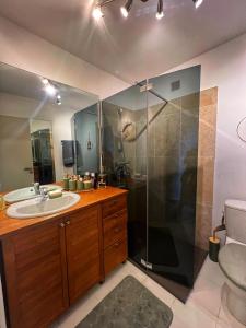a bathroom with a shower and a sink and a toilet at Les Roses by Welcome to Cannes in Cannes