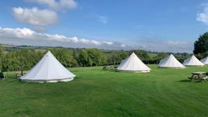 a group of four white tents in a field at Home Farm Radnage Glamping Bell Tent 2, with Log Burner and Fire Pit in Radnage