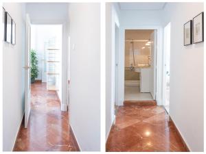 two views of a hallway with a tile floor at Alohamundi Plaza de Cuba in Seville +27 photos