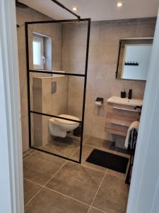 a bathroom with a shower with a toilet and a sink at Calm Down Near The Sea in Vlissingen