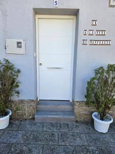 a white door on a building with two plants at Casa Rural A la Vera de Monfrague in Tejeda de Tiétar