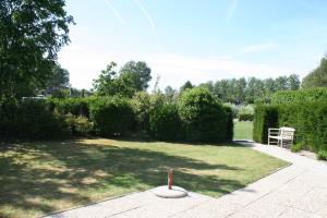 un jardín con un patio de césped con un palo dentro en Liguster 8 en Nieuwvliet