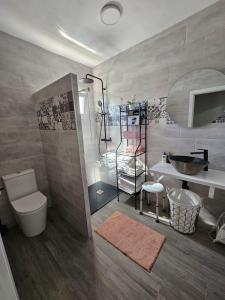 a bathroom with a shower and a toilet and a sink at Casa Rural A la Vera de Monfrague in Tejeda de Tiétar