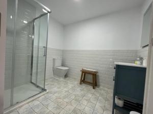 een badkamer met een douche en een toilet bij Wave watch terrace apartment in Benalmádena