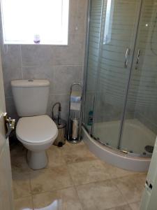 uma casa de banho com um WC e um chuveiro em Liverpool Airport Rooms em Speke