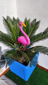 un fenicottero di plastica rosa seduto sopra una pianta di Casa Flamingo House a San Teodoro