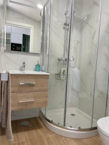 uma casa de banho com um chuveiro e um lavatório. em Estudio impresionantes vistas con terraza y piscina em Baiona