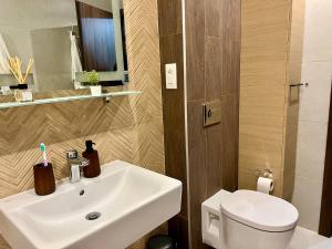 a bathroom with a white sink and a toilet at Mountain Retreat-Modern 1BR w/ Fireplace & Parking in Braşov