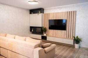 ein Wohnzimmer mit Couch und Flachbildfernseher in der Unterkunft Mountain Retreat-Modern 1BR w/ Fireplace & Parking in Braşov
