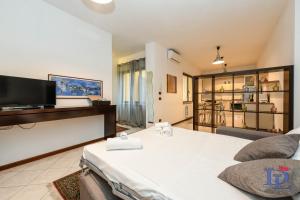 una grande camera con un letto e una TV di DesenzanoLoft Green lake court a Desenzano del Garda