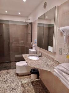 a bathroom with a sink and a toilet and a mirror at Dublin Hotel in São Paulo +56 photos