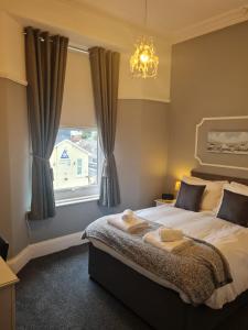 1 dormitorio con 1 cama con lámpara de araña y ventana en Heathcliff House B&B Exclusively for Adults Free large carpark, en Torquay