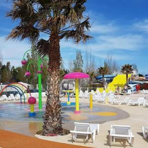 维亚斯Mobilhome Vias plage dans Camping的棕榈树游乐场和水上公园