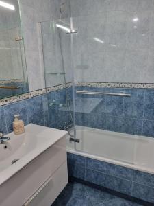 a bathroom with a glass shower and a sink at Apartamento a Carballeira in Lugo