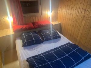 a bed with blue and red pillows on a boat at Le p'tit coin montagne 2 in Bonneval-sur-Arc