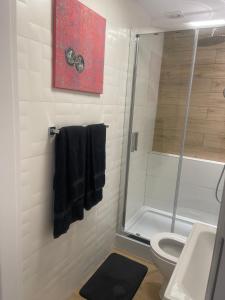 un bagno con doccia e WC di MW 7A Apartament a Rzeszów