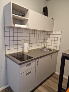 eine kleine Küche mit einem Waschbecken und weißen Schränken in der Unterkunft MIDTOWN Apartments in Stuttgart