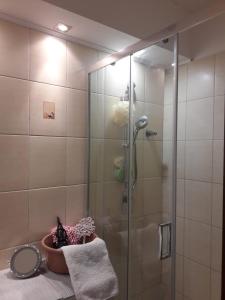 eine Dusche mit Glastür im Bad in der Unterkunft Apartament centrum Kołobrzeg in Kołobrzeg