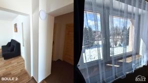 two pictures of a room with a window and a chair at Apartmány Boule in Kovářská