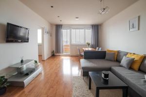 a living room with a couch and a flat screen tv at Strawberry Apartment in Bratislava