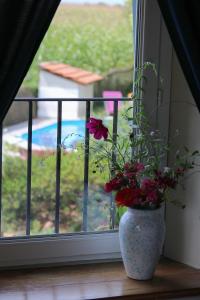 un jarrón con flores sentado en el alféizar de la ventana en Alaudy Vacances Séjours écologiques - 3 gites en Ossages