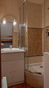 een badkamer met een douche, een wastafel en een bad bij Bel appartement avec piscine proche des plages in Six-Fours-les-Plages