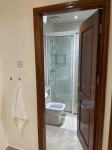 a bathroom with a toilet and a walk in shower at Ocean Oasis 2Br Condo in Dar es Salaam