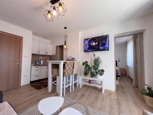 a kitchen and a living room with a table in a room at GH Moonlight in Sarajevo