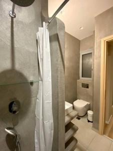 a bathroom with a toilet and a shower with a shower curtain at Athenian urban experience in Athens