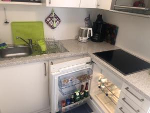 eine Küche mit einer Spüle und einem offenen Kühlschrank in der Unterkunft Apartment Elena in Schönwald