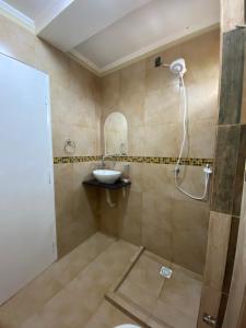 een badkamer met een douche, een wastafel en een spiegel bij Los geranios Villa Sarita Posadas - 3B in Posadas