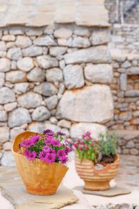 dos macetas de flores en una mesa frente a una pared de piedra en Lithos Stone Suites en Areopolis