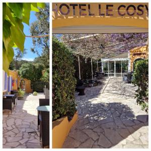 two pictures of a hotel ceolis with a patio at Le Cosy in Saint-Aygulf