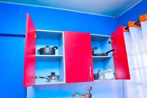 a red kitchen cupboard with pots and pans on it at Cozier Domicile Apartments in Maragoli