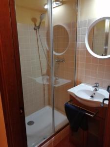 een badkamer met een douche en een wastafel bij Caballito de Madera in Pelegrina