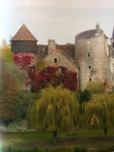 una pintura de un castillo con un árbol en primer plano en Chateau d'Ingrandes en Ingrandes