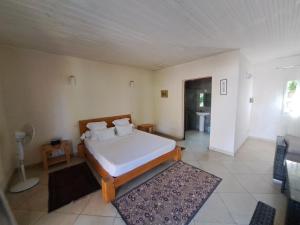 a bedroom with a bed with white sheets and a rug at Aux 2 Métis in Toliara