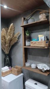a bathroom with a shelf above a toilet at Holiday House near Beach in Skála Foúrkas