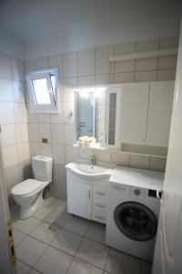 a bathroom with a toilet sink and a washing machine at Estia's House in Ágios Prokópios