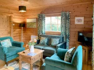 uma sala de estar com sofás azuis e uma televisão em Chalet 2 em Torcastle