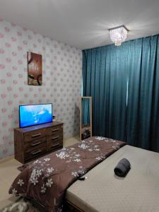 a bedroom with a bed and a flat screen tv at Diamond Room in Shared Apartment in Ajman 