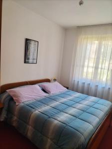 um quarto com uma cama com um edredão azul e uma janela em Appartamento Cologna em Castelfondo