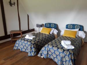 2 Betten nebeneinander in einem Zimmer in der Unterkunft Manoir de la Beunèche - location du manoir entier in Roézé-sur-Sarthe